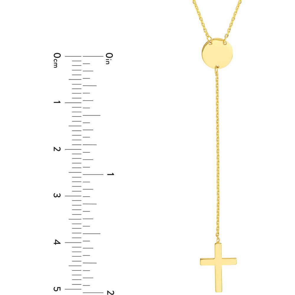 Olas d'Oro - 14K Yellow Gold Cross Lariat Necklace with Disc Pendant - Adjustable 2" Chain