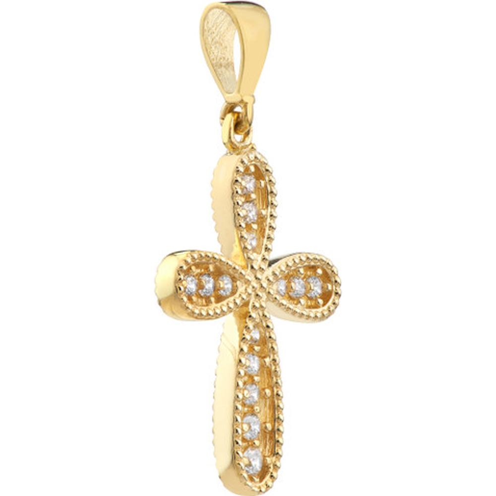 Olas d'Oro - 14K Yellow Gold CZ Beaded Filigree Cross Pendant