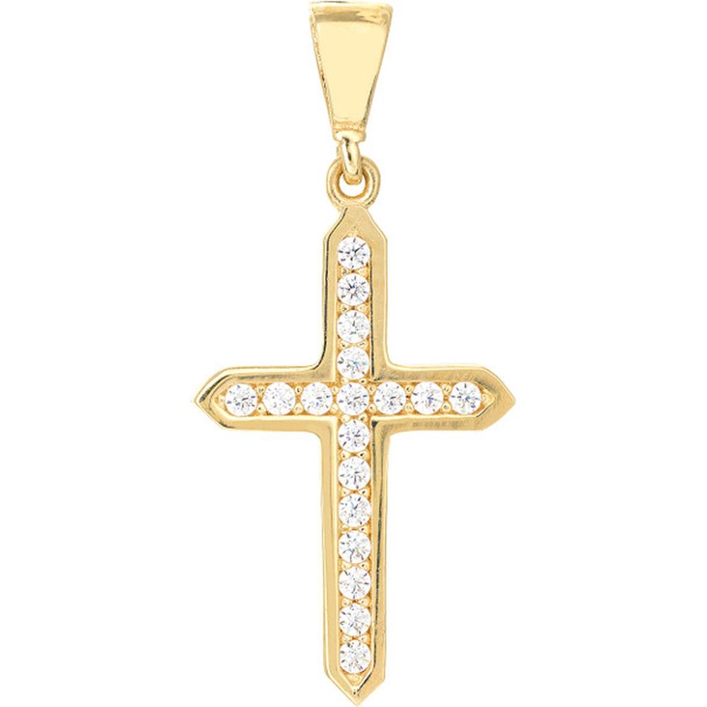 Olas d'Oro - 14K Yellow Gold CZ Cross Pendant Framed with Cubic Zirconia Stones