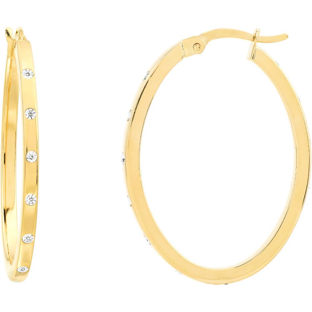 Olas d'Oro - 14K Yellow Gold CZ Oval Hoop Earrings - Elegant Design with Cubic Zirconia