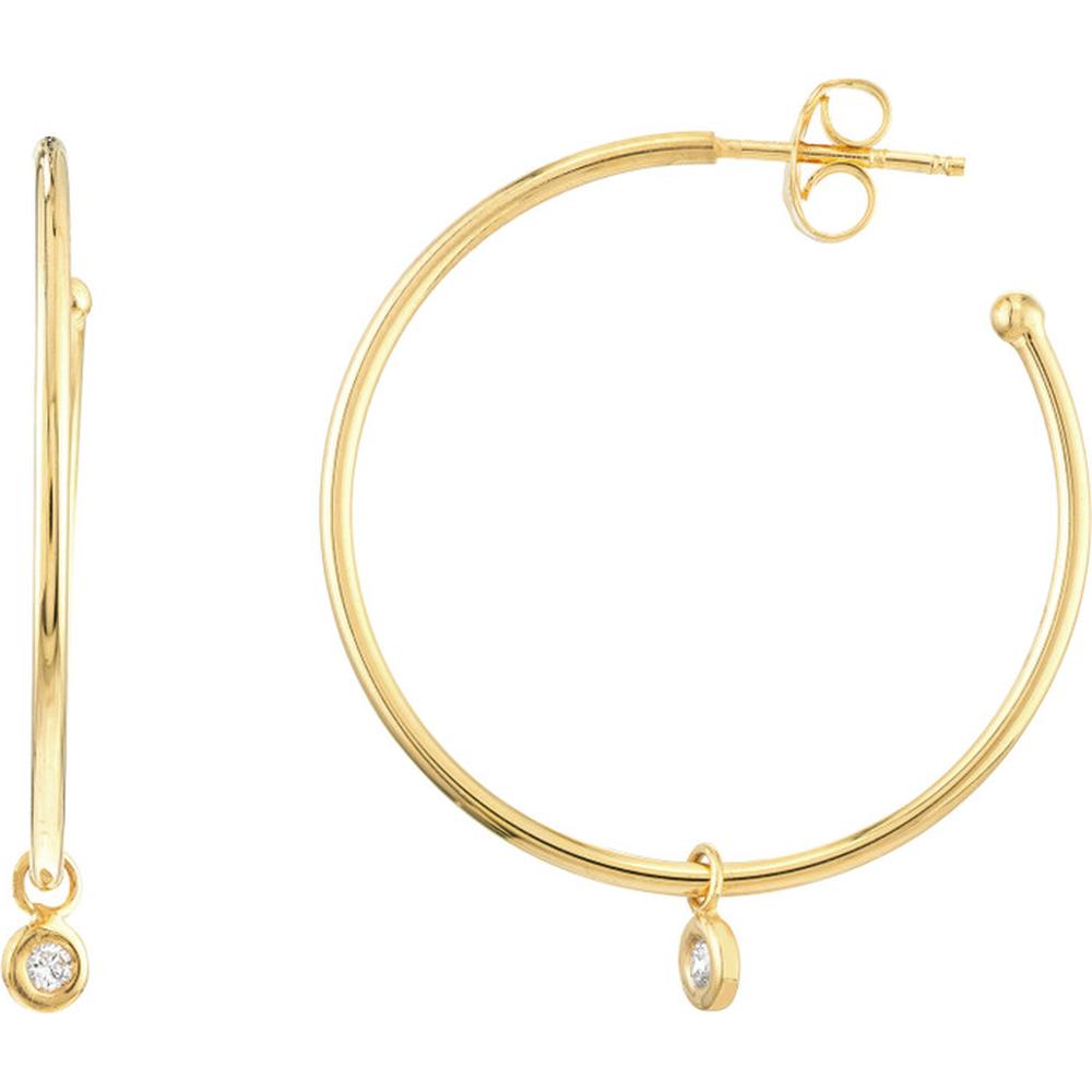 Olas d'Oro - 14K Yellow Gold Diamond Bezel Dangle Hoop Earrings - 0.06 Carat Total Diamond Weight