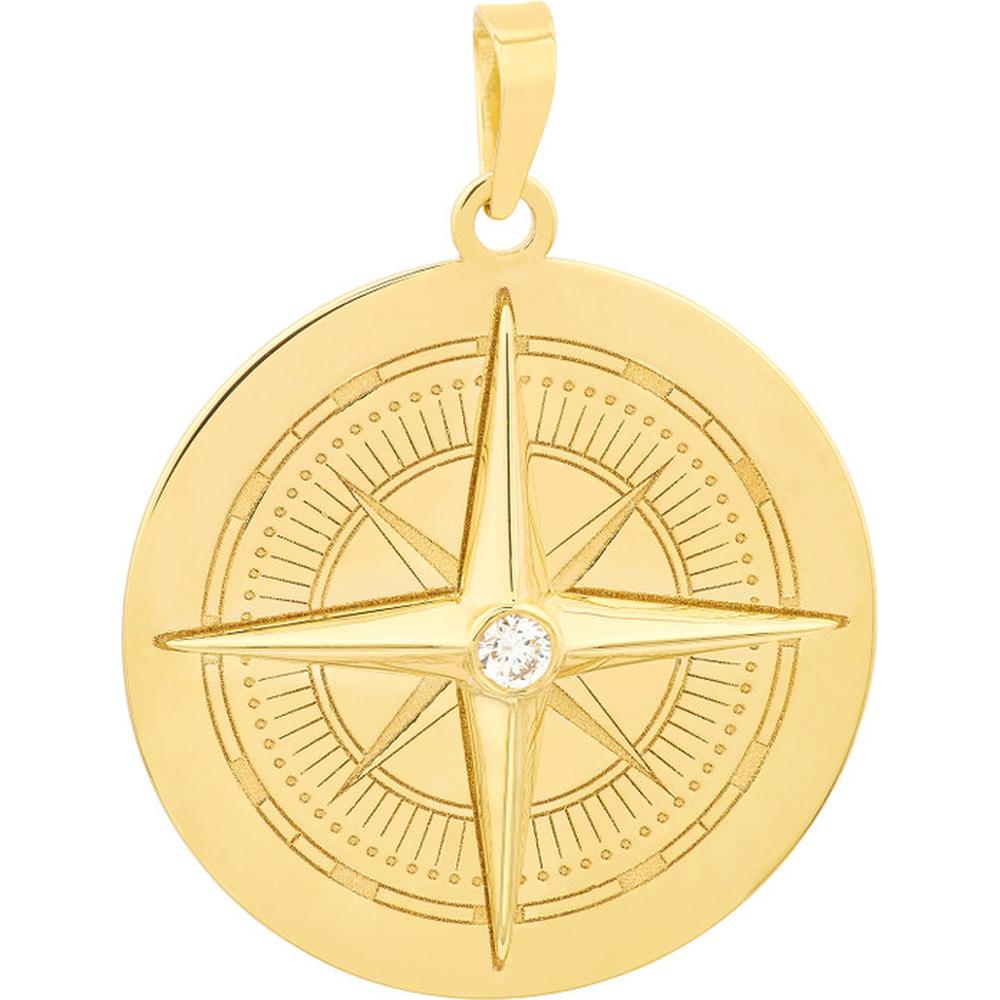 Olas d'Oro - 14K Yellow Gold Diamond Compass Pendant - 1/20 Total Carat Weight