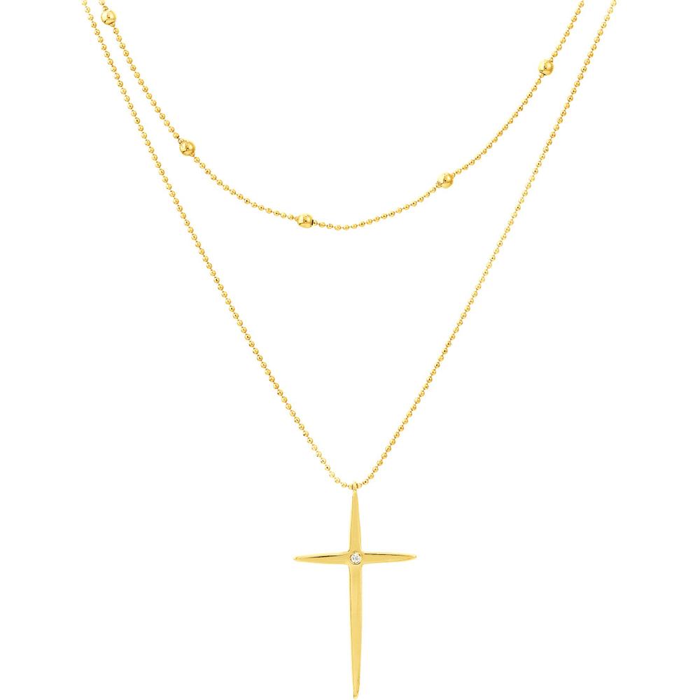 Olas d'Oro - 14K Yellow Gold Diamond Cross Duo Necklace with Bead Chain - 1pt Total Diamond Weight