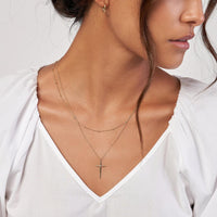 Olas d'Oro - 14K Yellow Gold Diamond Cross Duo Necklace with Bead Chain - 1pt Total Diamond Weight