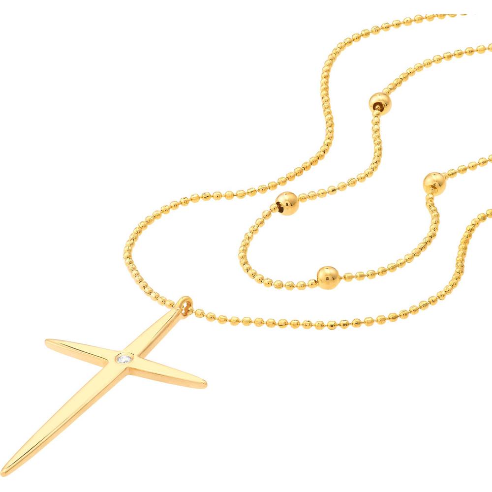 Olas d'Oro - 14K Yellow Gold Diamond Cross Duo Necklace with Bead Chain - 1pt Total Diamond Weight