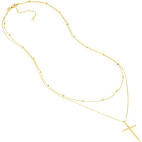 Olas d'Oro - 14K Yellow Gold Diamond Cross Duo Necklace with Bead Chain - 1pt Total Diamond Weight