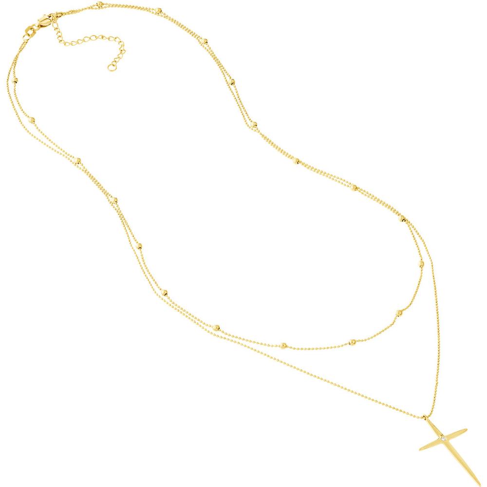 Olas d'Oro - 14K Yellow Gold Diamond Cross Duo Necklace with Bead Chain - 1pt Total Diamond Weight