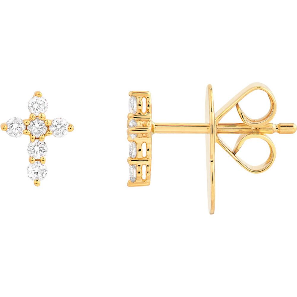 Olas d'Oro - 14K Yellow Gold Diamond Cross Stud Earrings - 0.16 Carat Total Diamond Weight