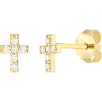 Olas d'Oro - 14K Yellow Gold Diamond Cross Stud Earrings - 1/8 Total Carat Weight