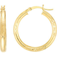 Olas d'Oro - 14K Yellow Gold Diamond-Cut Florentine Round Hoop Earrings - 3mm x 25mm