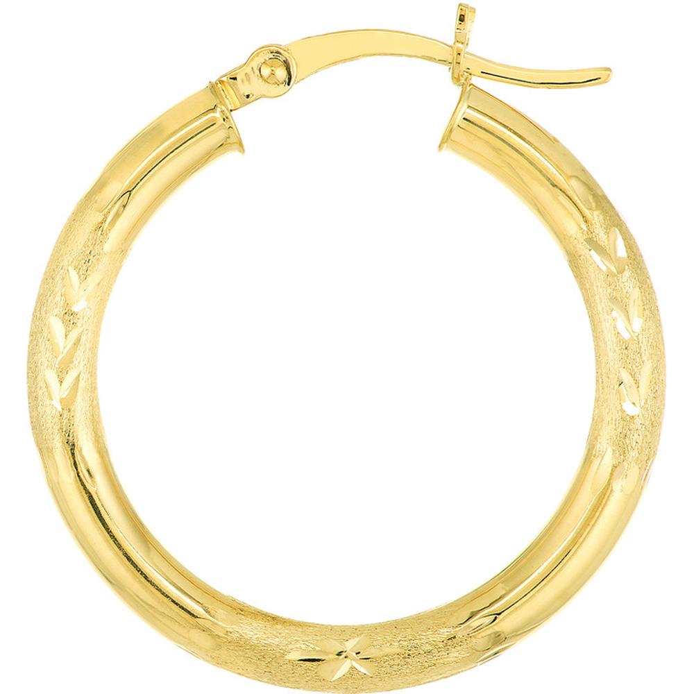 Olas d'Oro - 14K Yellow Gold Diamond-Cut Florentine Round Hoop Earrings - 3mm x 25mm