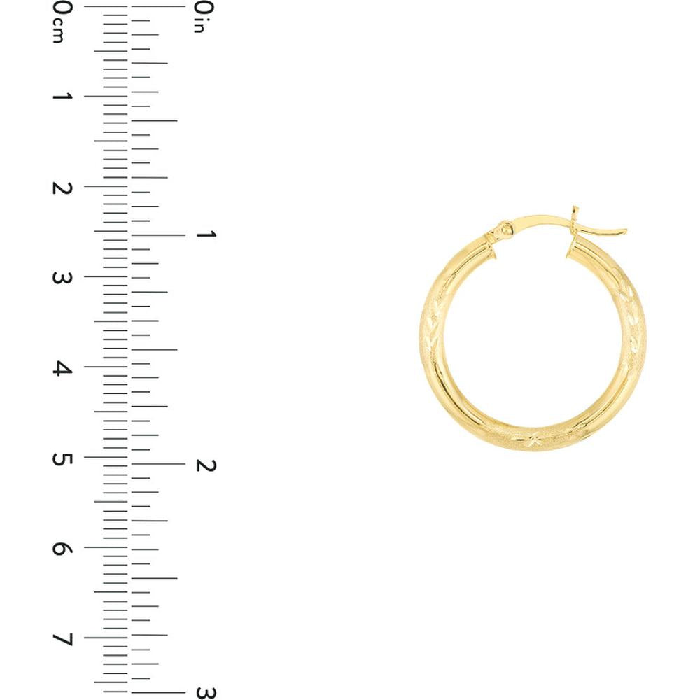 Olas d'Oro - 14K Yellow Gold Diamond-Cut Florentine Round Hoop Earrings - 3mm x 25mm