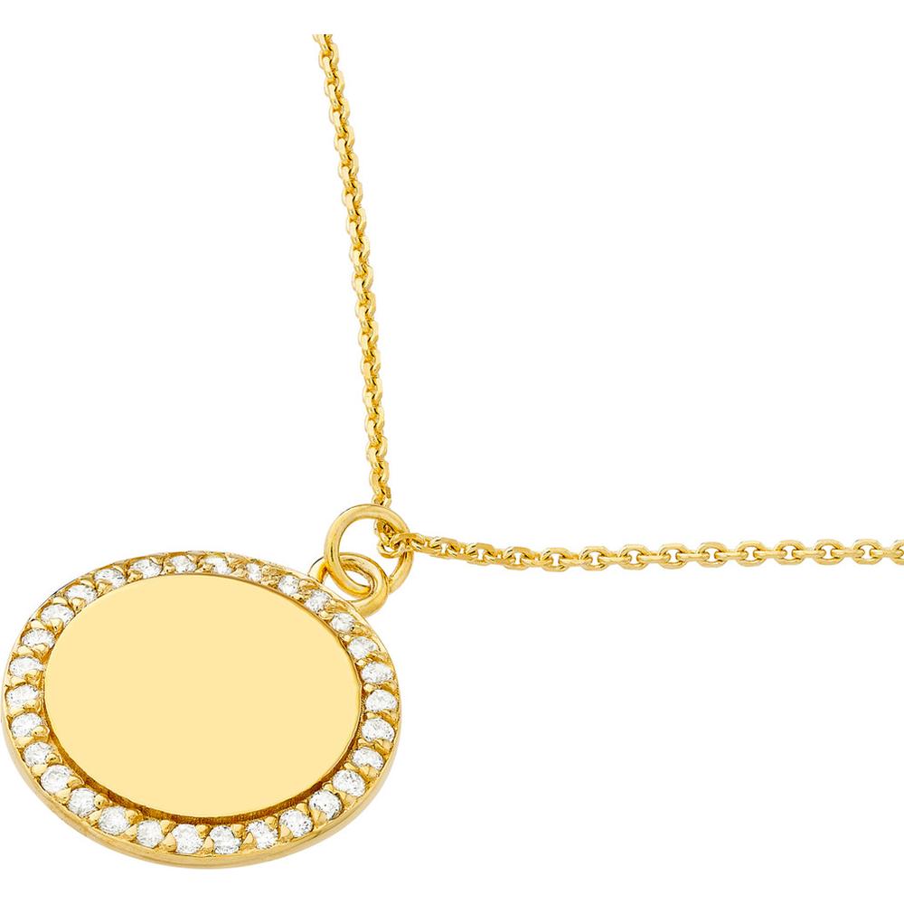 Olas d'Oro - 14K Yellow Gold Diamond Framed Engravable Disk Necklace - 0.15 Carat Total Diamond Weight