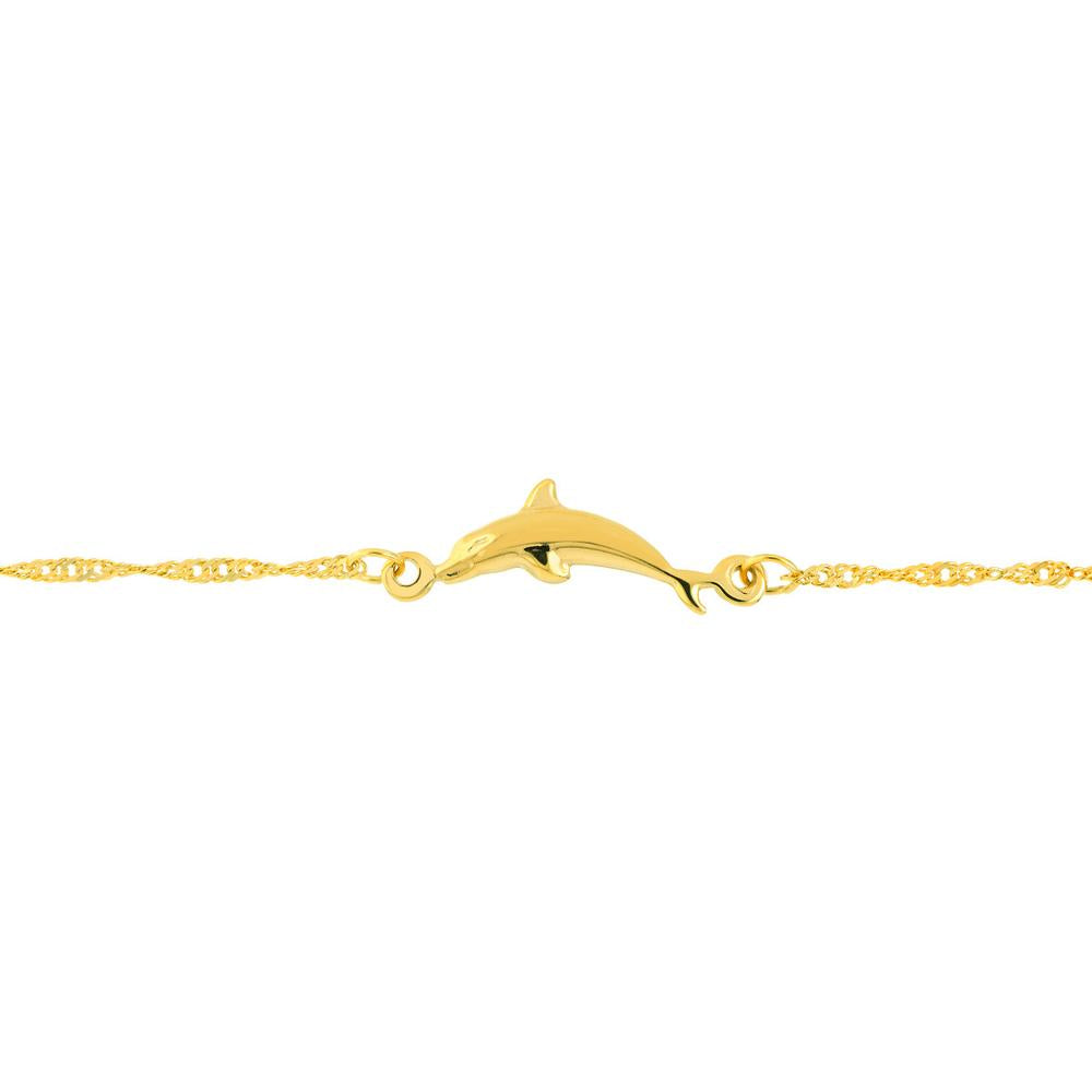 Olas d'Oro - 14K Yellow Gold Dolphin Trio Adjustable Anklet with Singapore Twist Chain