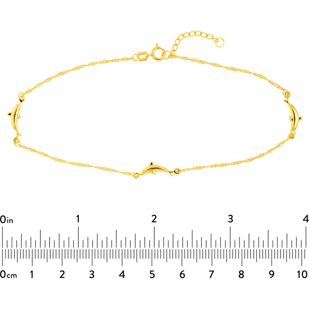 Olas d'Oro - 14K Yellow Gold Dolphin Trio Adjustable Anklet with Singapore Twist Chain