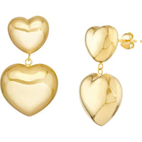 Olas d'Oro - 14K Yellow Gold Double Puff Heart Dangle Earrings 7.55 Grams Total Weight