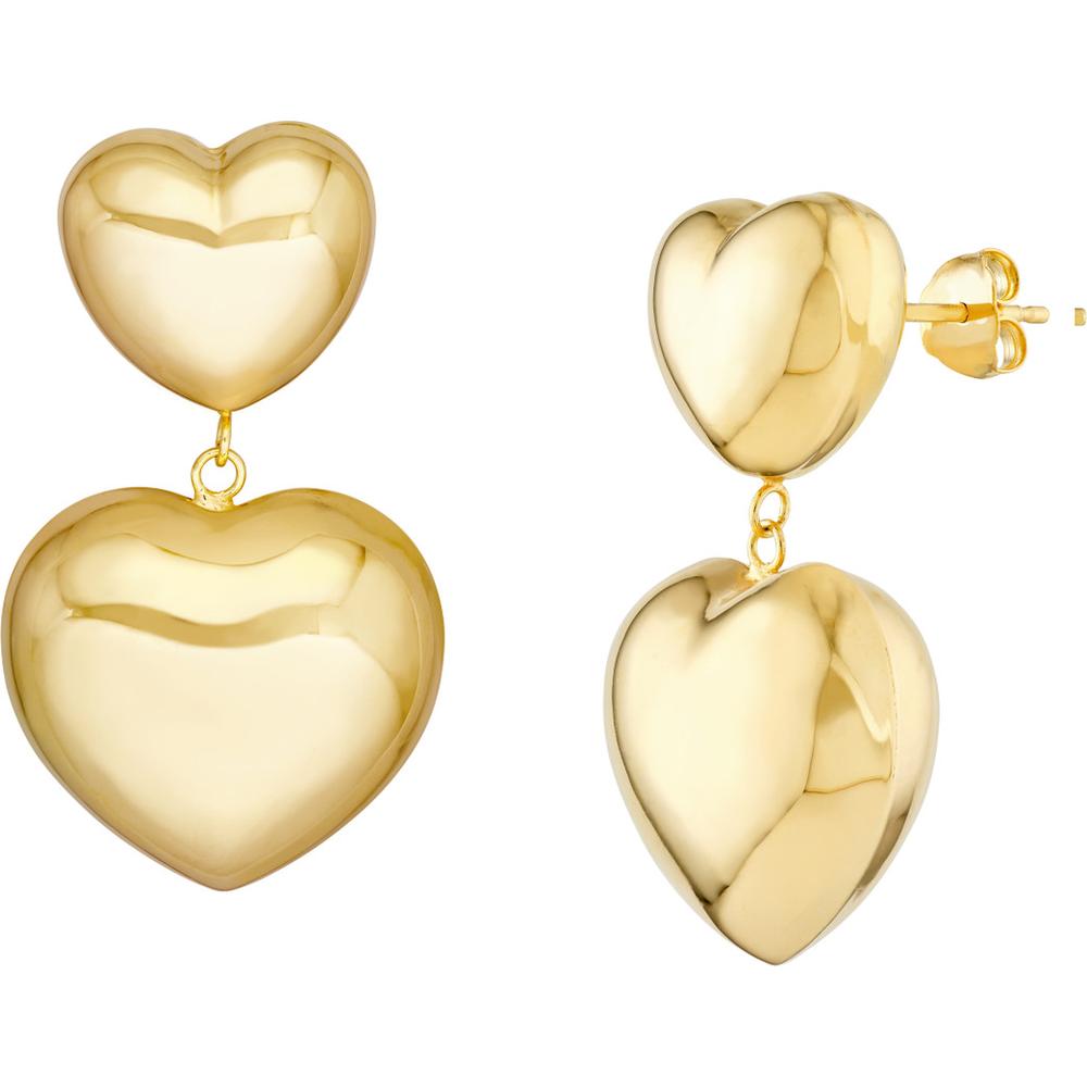 Olas d'Oro - 14K Yellow Gold Double Puff Heart Dangle Earrings 7.55 Grams Total Weight