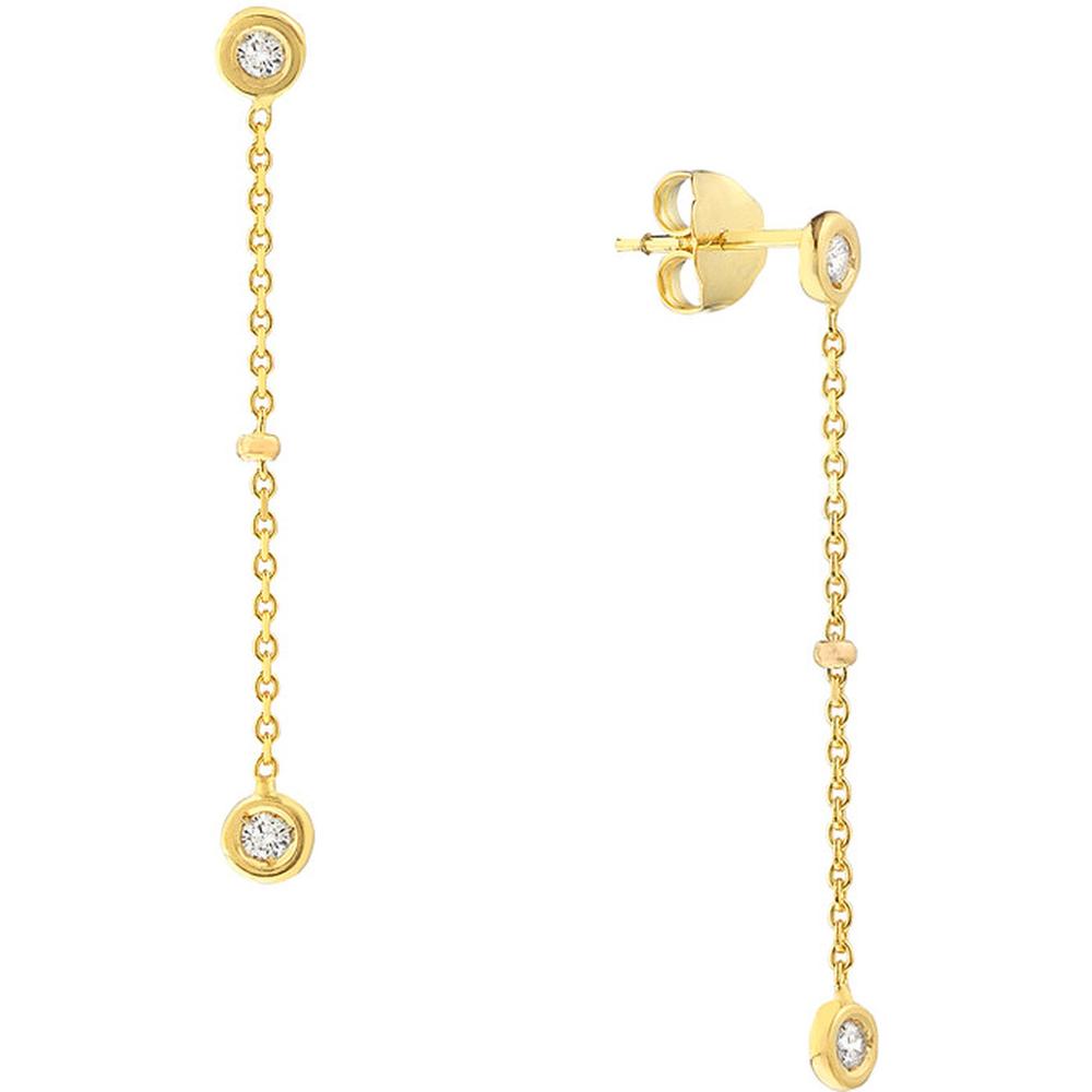 Olas d'Oro - 14K Yellow Gold Drop Earrings with Bezel-Set Diamonds and Bead Stations - 0.12 Carat Total Diamond Weight