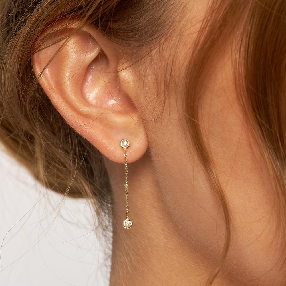 Olas d'Oro - 14K Yellow Gold Drop Earrings with Bezel-Set Diamonds and Bead Stations - 0.12 Carat Total Diamond Weight