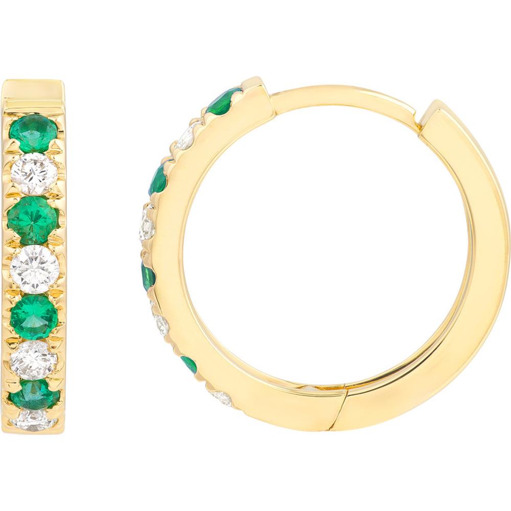Olas d'Oro - 14K Yellow Gold Emerald & Diamond Huggie Earrings - 1/4 Carat Total Diamond Weight, 2mm Emeralds