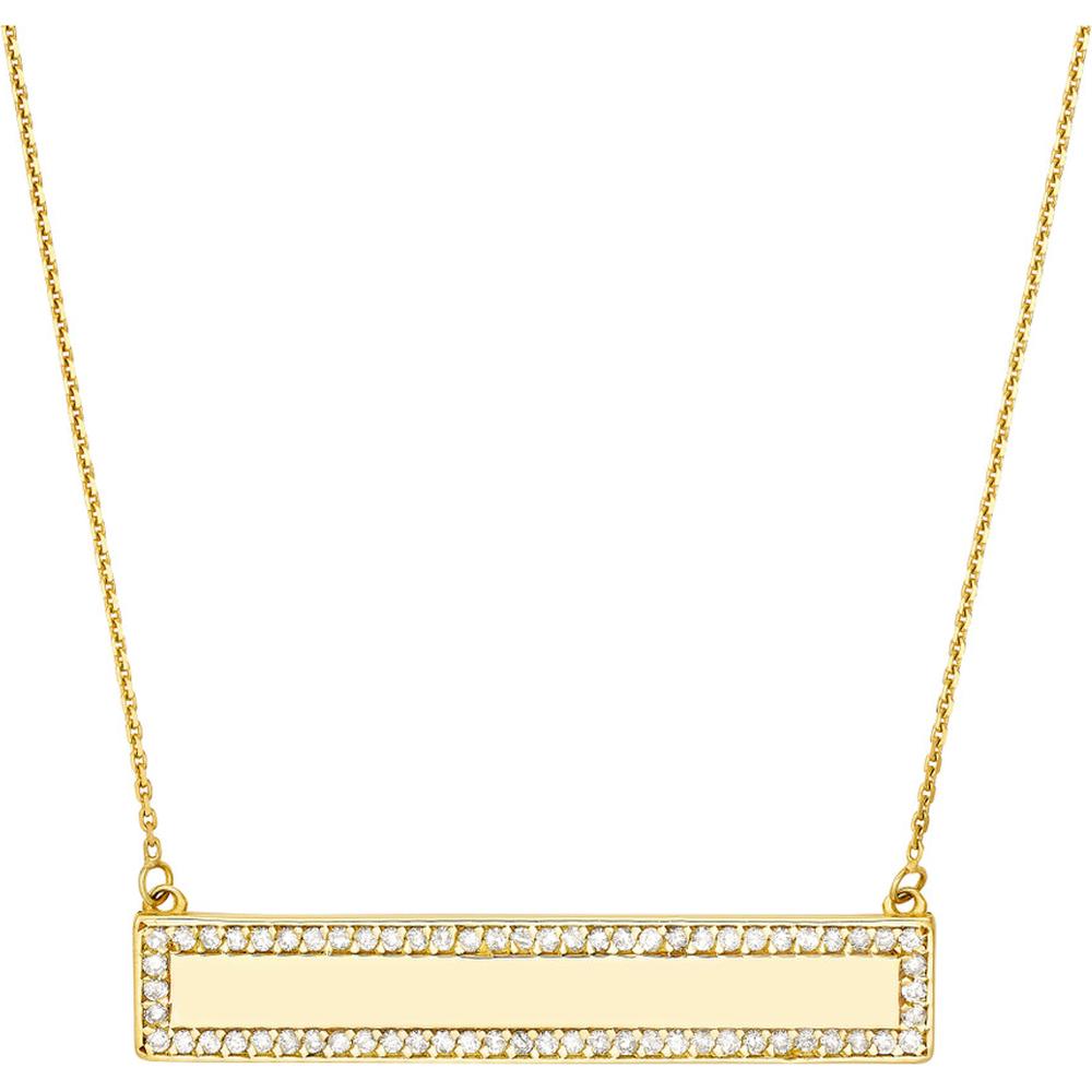 Olas d'Oro - 14K Yellow Gold Engravable Bar Necklace with 1/3 Carat Diamond Border