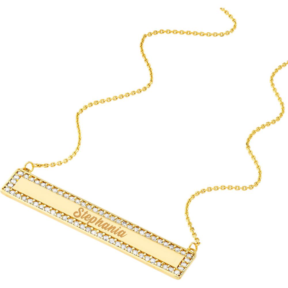 Olas d'Oro - 14K Yellow Gold Engravable Bar Necklace with 1/3 Carat Diamond Border