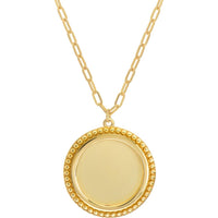 Olas d'Oro - 14K Yellow Gold Engravable Beaded Disc Medallion Pendant Necklace on Paper Clip Chain - 6.06 Grams Total Weight