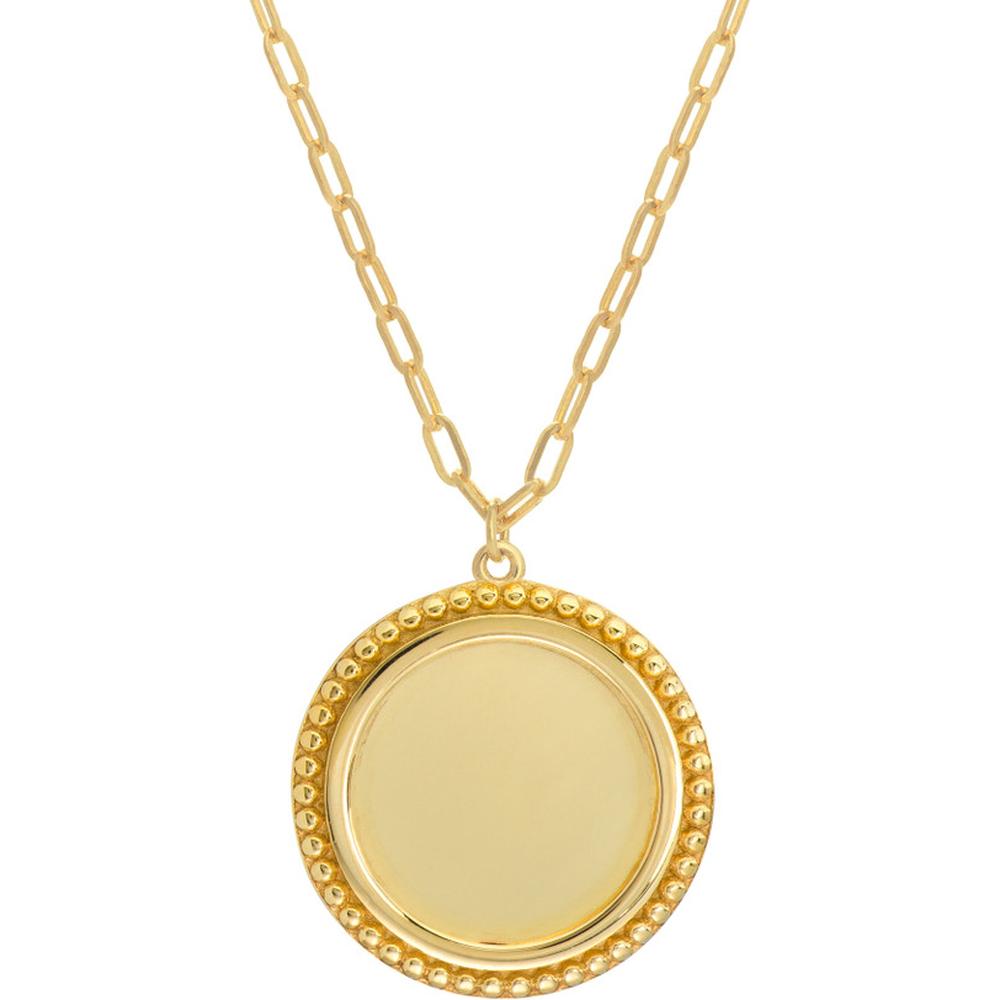 Olas d'Oro - 14K Yellow Gold Engravable Beaded Disc Medallion Pendant Necklace on Paper Clip Chain - 6.06 Grams Total Weight