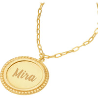 Olas d'Oro - 14K Yellow Gold Engravable Beaded Disc Medallion Pendant Necklace on Paper Clip Chain - 6.06 Grams Total Weight