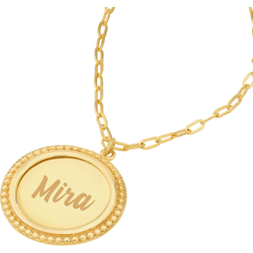 Olas d'Oro - 14K Yellow Gold Engravable Beaded Disc Medallion Pendant Necklace on Paper Clip Chain - 6.06 Grams Total Weight