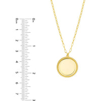 Olas d'Oro - 14K Yellow Gold Engravable Beaded Disc Medallion Pendant Necklace on Paper Clip Chain - 6.06 Grams Total Weight