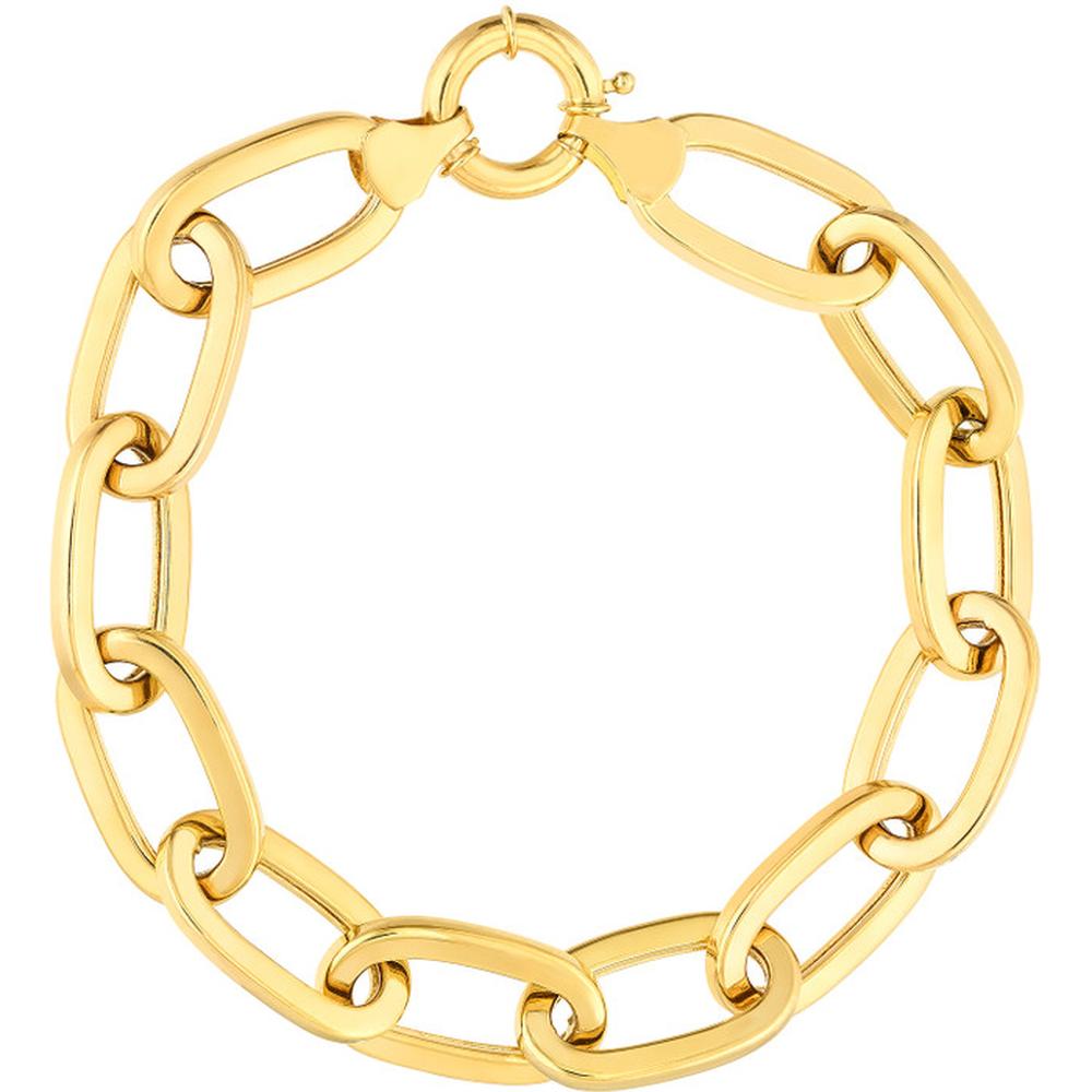 Olas d'Oro - 14K Yellow Gold Flat Polished Oval Link Bracelet with Spring Ring Closure - 13.14 Grams Total Weight