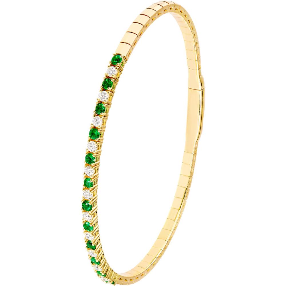 Olas d'Oro - 14K Yellow Gold Flexi Tennis Bracelet with Alternating Round Emerald and Diamond Stones - 0.52 Carat Emerald, 0.55 Carat Total Diamond Weight