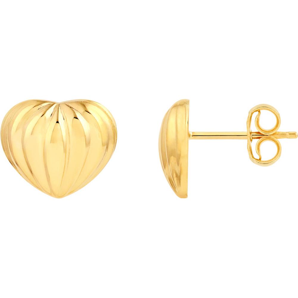 Olas d'Oro - 14K Yellow Gold Fluted Heart Small Stud Earrings Elegant Everyday Gold Jewelry