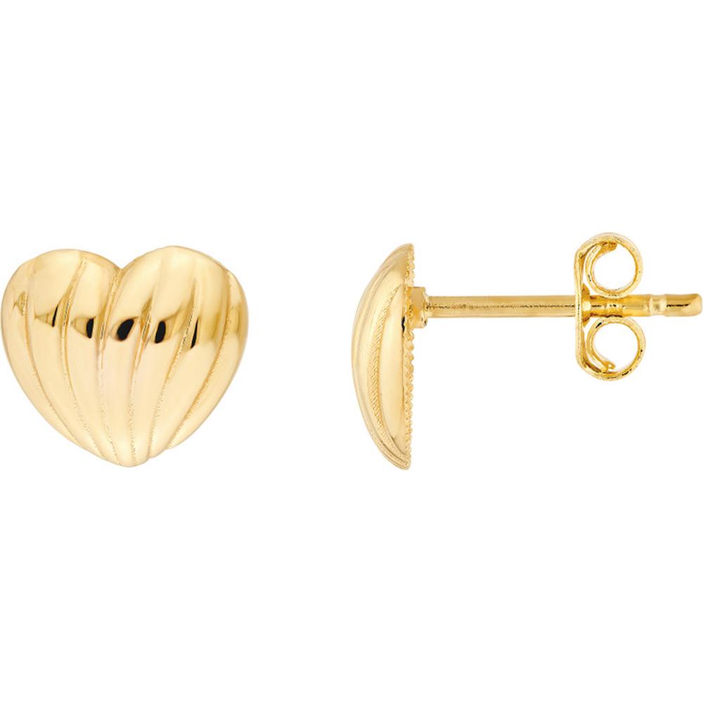 Olas d'Oro - 14K Yellow Gold Fluted Heart Stud Earrings with Dimensional High Polish Design