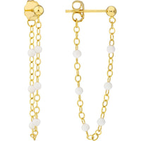 Olas d'Oro - 14K Yellow Gold Front-to-Back Chain Earrings with White Enamel Beads
