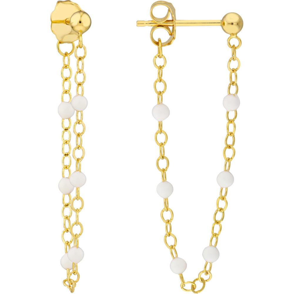 Olas d'Oro - 14K Yellow Gold Front-to-Back Chain Earrings with White Enamel Beads