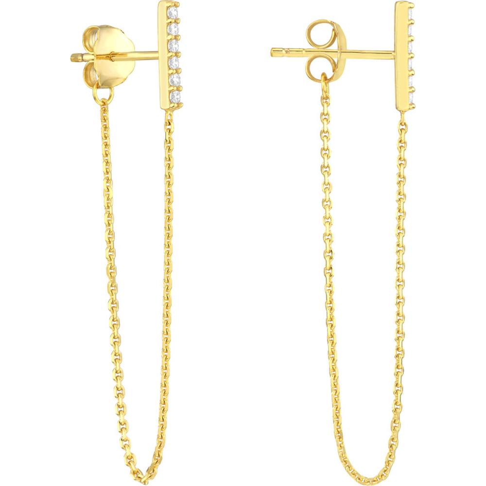 Olas d'Oro - 14K Yellow Gold Front-to-Back CZ Staple Bar Earrings - 0.10 Carat Total CZ Weight