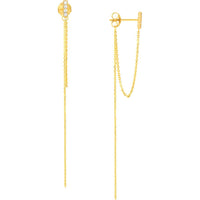 Olas d'Oro - 14K Yellow Gold Front to Back Drop Earrings with CZ Bar and Chain - 1.55 Grams Total Weight