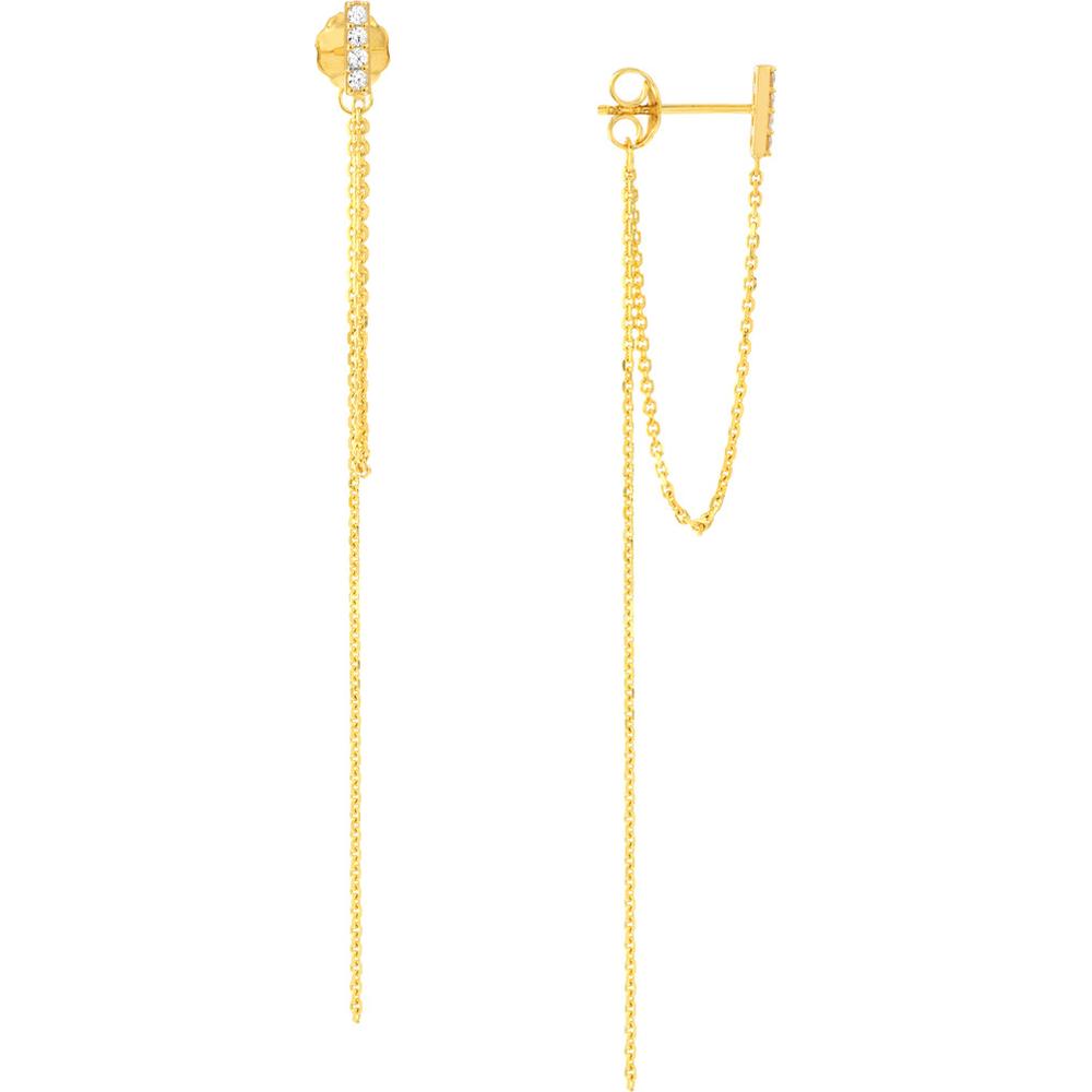 Olas d'Oro - 14K Yellow Gold Front to Back Drop Earrings with CZ Bar and Chain - 1.55 Grams Total Weight