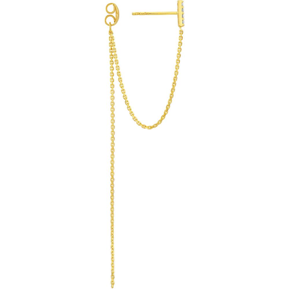 Olas d'Oro - 14K Yellow Gold Front to Back Drop Earrings with CZ Bar and Chain - 1.55 Grams Total Weight