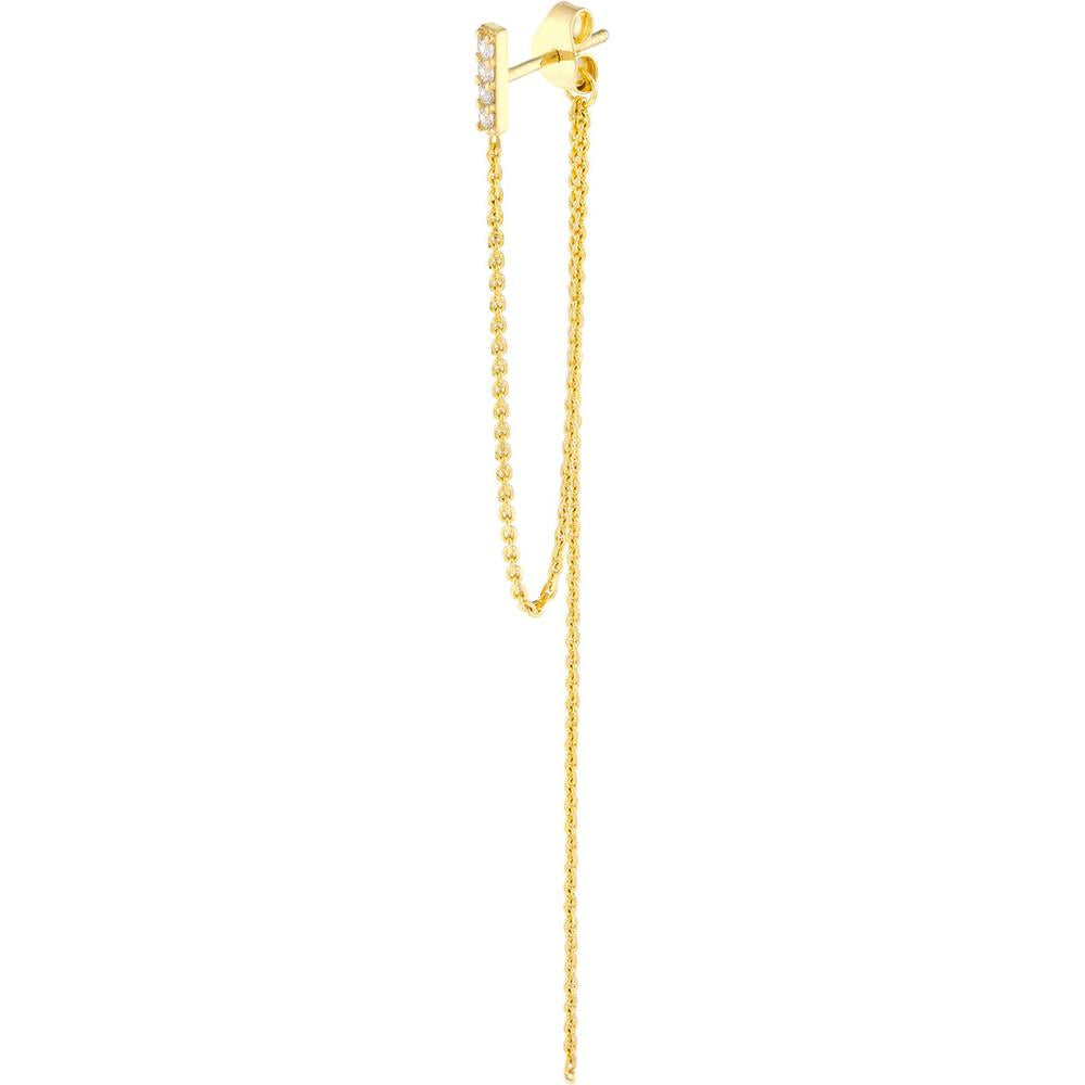 Olas d'Oro - 14K Yellow Gold Front to Back Drop Earrings with CZ Bar and Chain - 1.55 Grams Total Weight