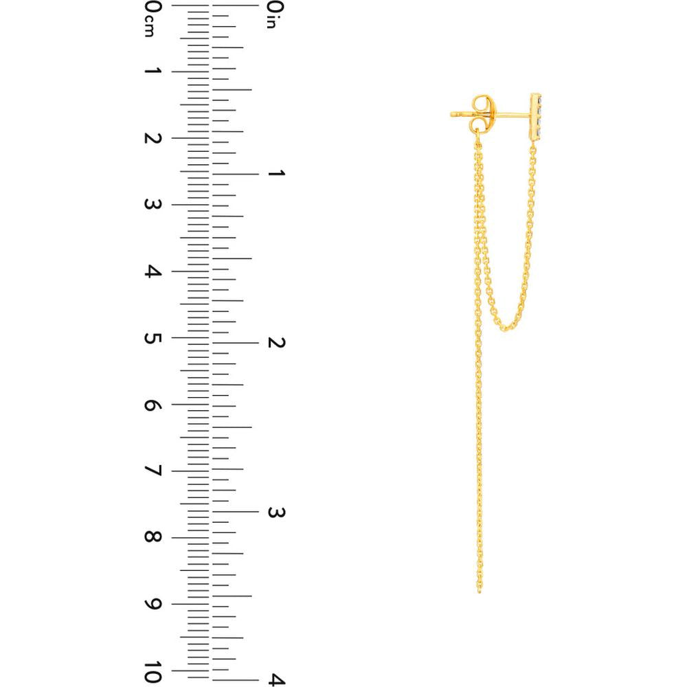 Olas d'Oro - 14K Yellow Gold Front to Back Drop Earrings with CZ Bar and Chain - 1.55 Grams Total Weight