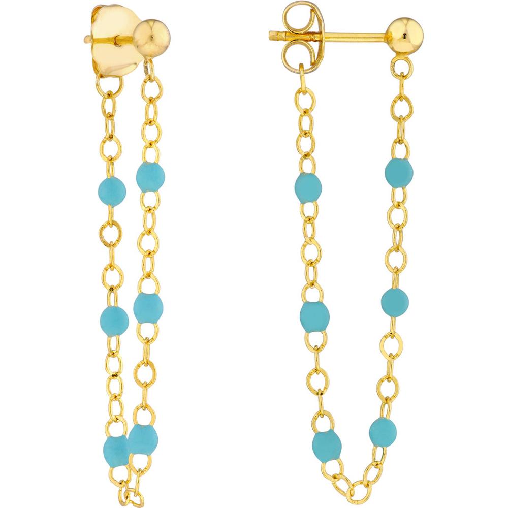 Olas d'Oro - 14K Yellow Gold Front to Back Earrings with 6 Turquoise Enamel Beads