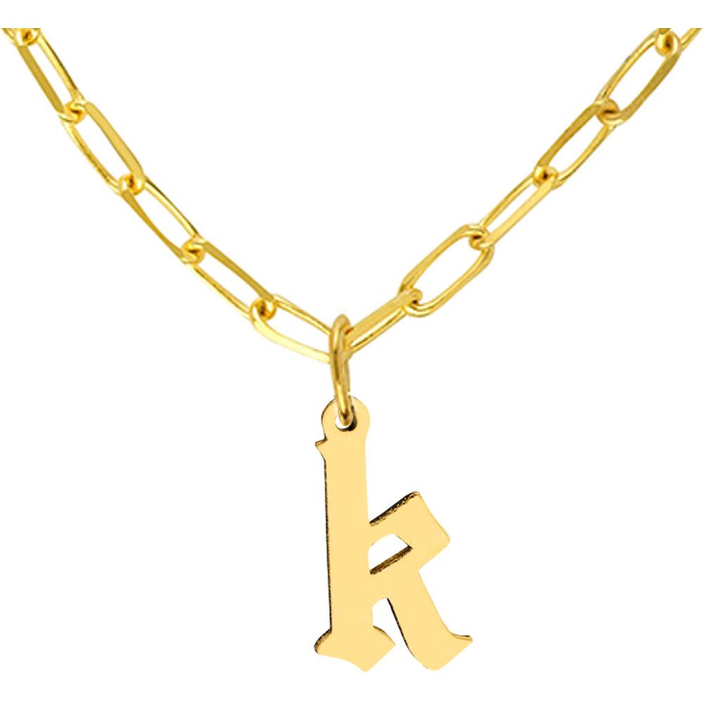 Olas d'Oro - 14K Yellow Gold Gothic Initial Paper Clip Necklace with Adjustable 16-18 inch Chain