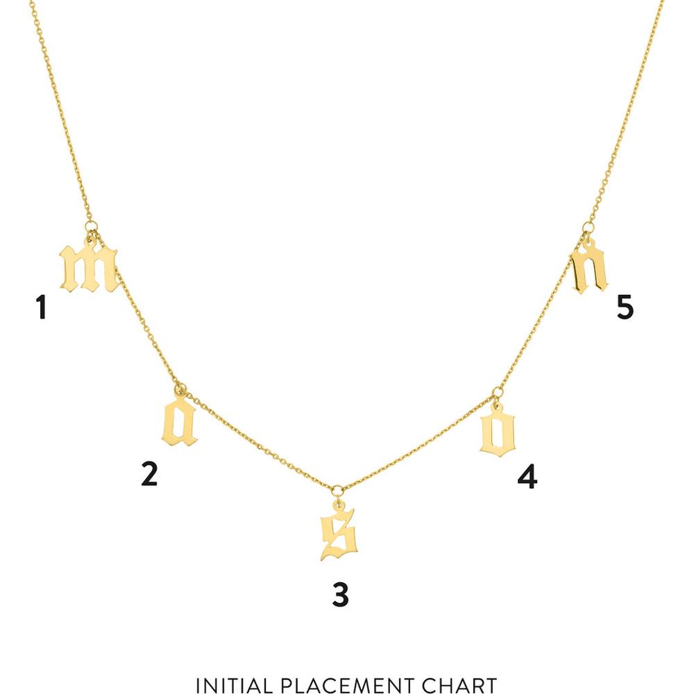Olas d'Oro - 14K Yellow Gold Gothic Initials Dangle Station Necklace - Customizable Personalized Design