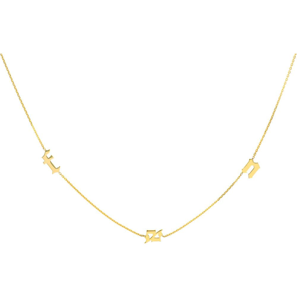 Olas d'Oro - 14K Yellow Gold Gothic Initials Station Necklace with Adjustable 2-Inch Chain