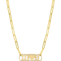 Olas d'Oro - 14K Yellow Gold Gothic Initials with Heart Paper Clip Necklace  16.10g