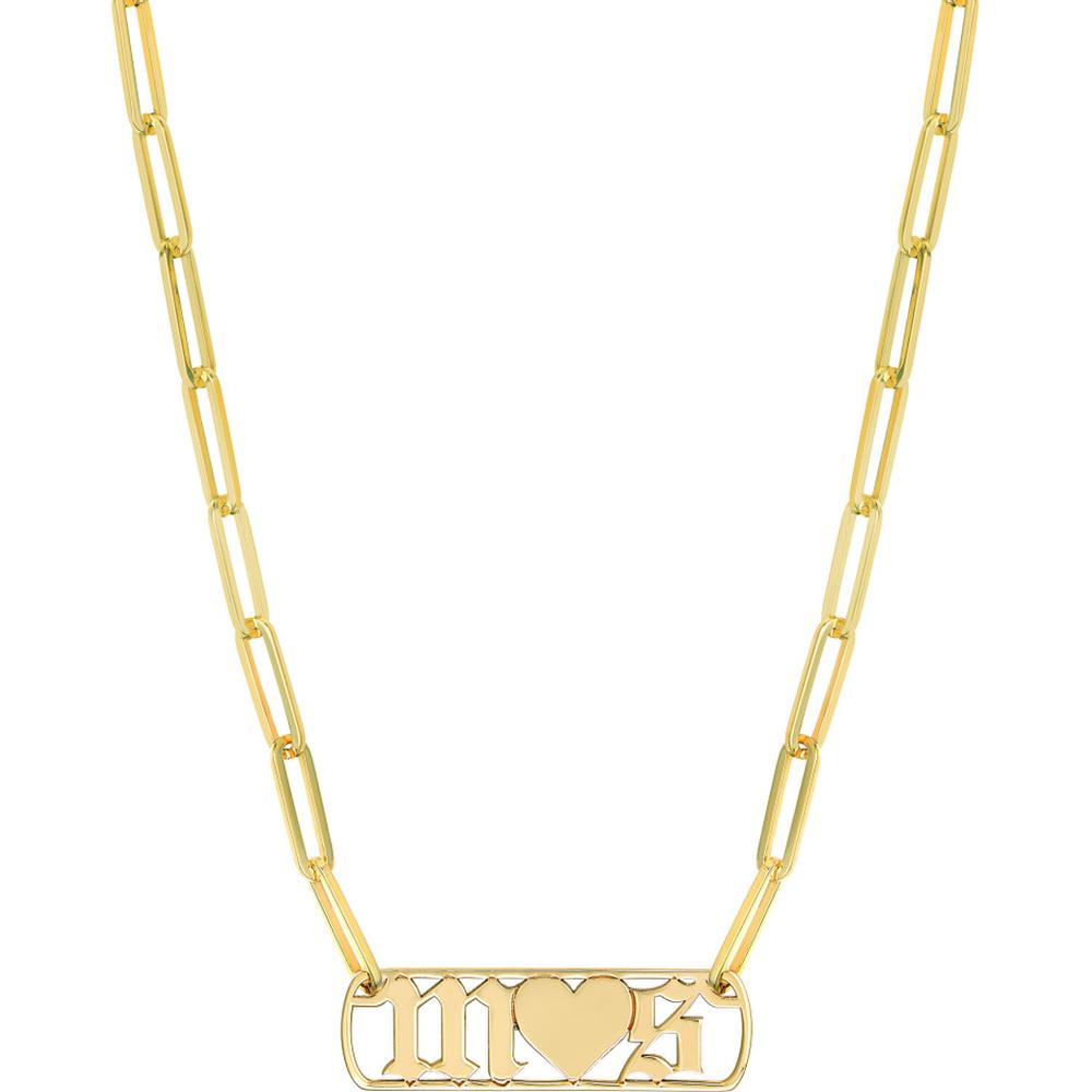 Olas d'Oro - 14K Yellow Gold Gothic Initials with Heart Paper Clip Necklace  16.10g
