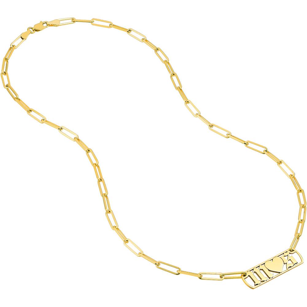 Olas d'Oro - 14K Yellow Gold Gothic Initials with Heart Paper Clip Necklace  16.10g